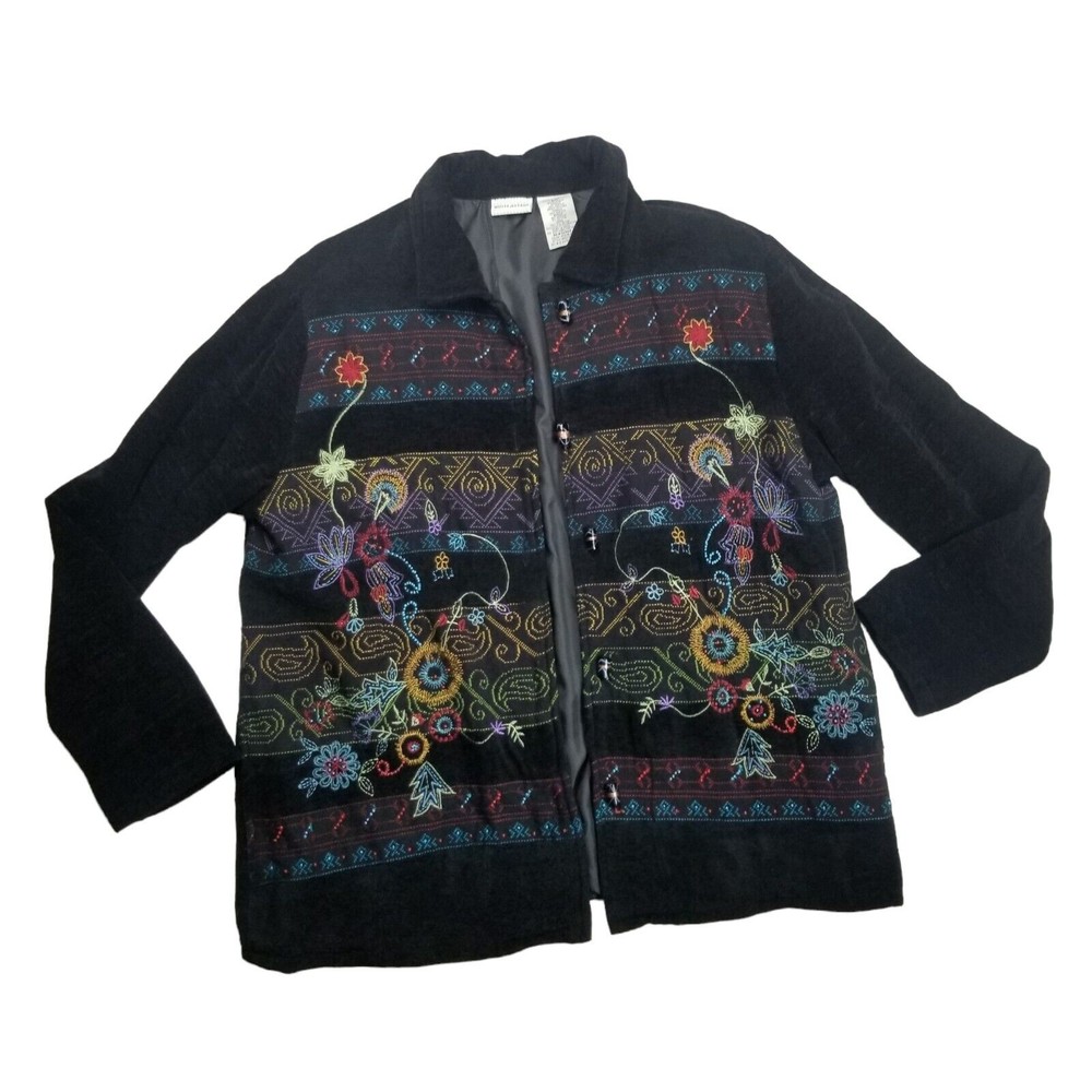 WHITE STAG Floral Embroidered Tapestry Lined Jacket Black Beaded Womens L 12/14 - Picture 2 of 12